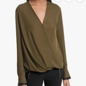 Rag & Bone Dark Olive Green Victor Silk V Neck Blouse Size M